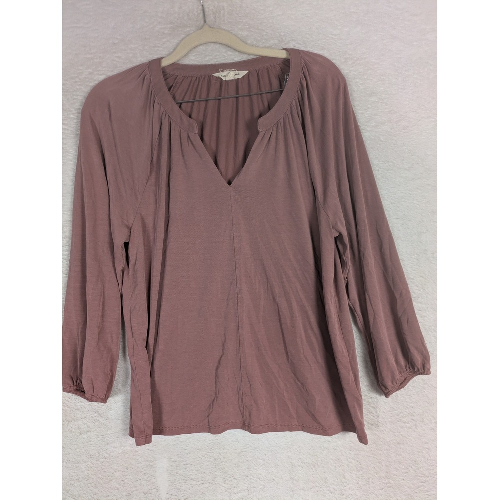 Lucky Brand Blouse Women's Medium Mauve V-Neck Long Sleeve Pleated Relaxed Fit